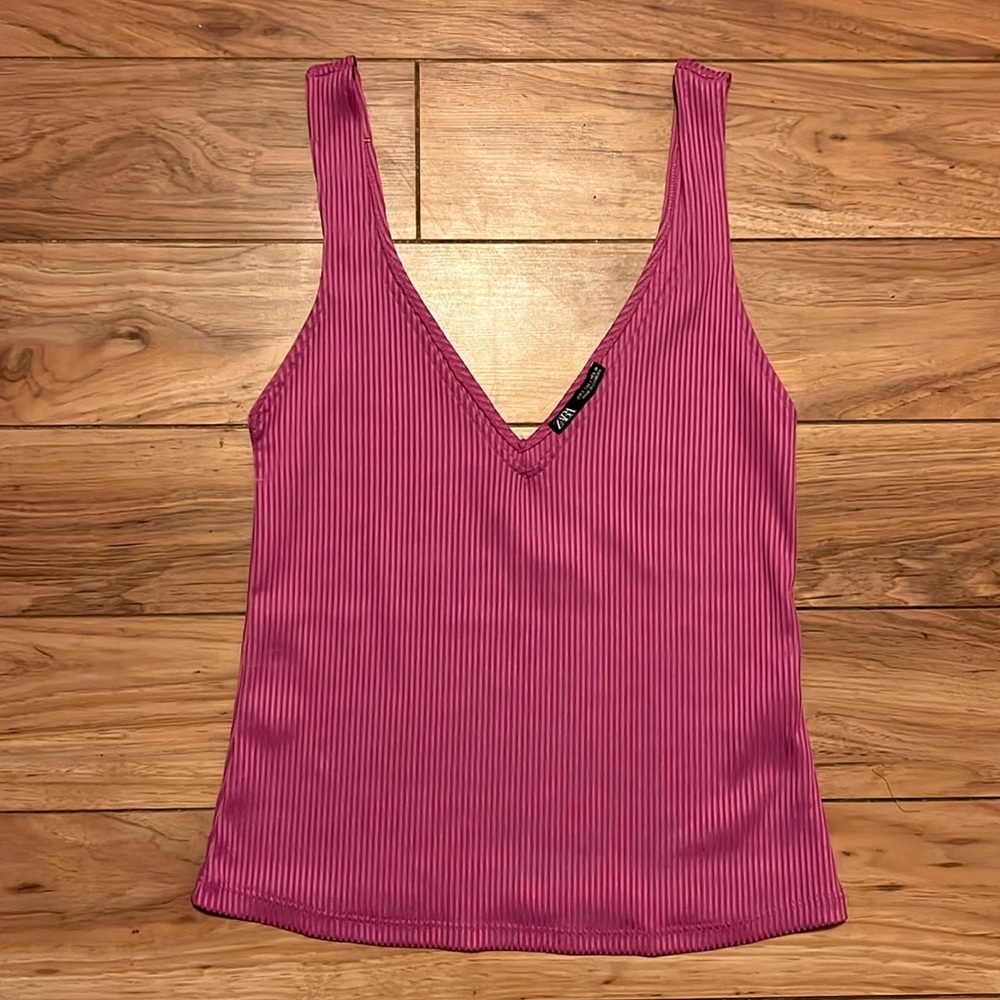 Zara Pink Ribbed Deep V-Neck Tank
